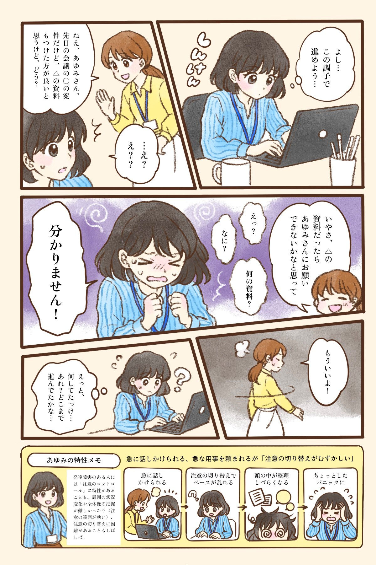 あゆみさんが「よし、この調子で進めよう」と、集中してパソコンで作業に取り組んでいる。そこへ同僚の女性が「ねえ、あゆみさん。先日の会議の○○の案件だけど、△の資料もつけた方が良いと思うけど、どう？」と急に話しかける。作業に没頭していたあゆみさんは突然のことに「…え？え？？」と戸惑い、頭の中が混乱してしまう。同僚が「△の資料だったら、あゆみさんにお願いできないかなと思って」と続けても、「えっ？」「なに？」「何の資料？」と状況がうまくつかめず、ついに「分かりません！」と声をあげてしまう。同僚は「もういいよ！」とあきれた様子で去っていき、あゆみさんは「えっと、何してたっけ…あれ？どこまで進んでたかな…」と、それまでの作業の流れも見失ってしまう。急に話しかけられて注意の切り替えがうまくできず、ちょっとしたパニックに陥ってしまう様子を描いている。