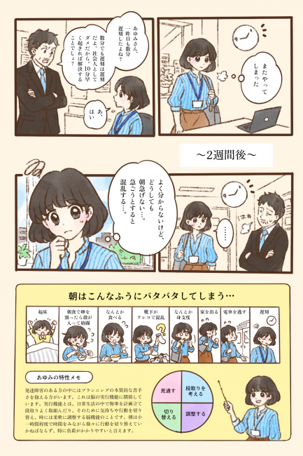 職場で上司があゆみさんに「あゆみさん、一昨日も数分遅刻したよね？　数分でも遅刻は遅刻だよ。社会人としてダメだから。10分早く起きれば解決することでしょ？」と厳しく注意し、あゆみさんは「あ、はい」とうつむく。デスクに戻ったあゆみさんは「またやってしまった」と落ち込む。それから2週間後、再び遅刻してしまったあゆみさんは「よく分からないけど、どうしても朝急げない…。急ごうとすると混乱する…」と戸惑い、上司も言葉が出ずにため息をつく。あゆみさんの朝は、起床し、朝食で卵の殻と格闘し、なんとか食べ、靴下が左右逆で混乱し、あわてて身支度をして家を出るも電車を逃し、結局遅刻してしまう――という具合に、時間を見ながら次々と行動を切り替えることがうまくいかず、いつもバタバタしてしまう様子が描かれている。