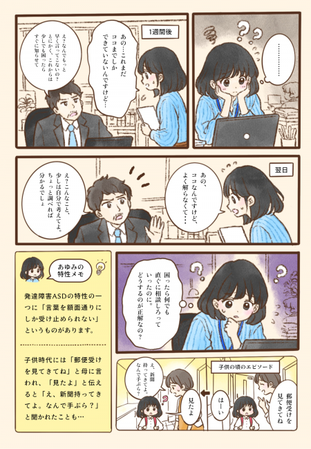 頼まれた仕事を始めて1週間後、あゆみさんは上司に「あの…これまだココまでしかできていないんですけど…」と報告する。上司は「え？なんでもっと早く言ってこないの？とにかく、これからは少しでも困ったらすぐに知らせて」と注意し、あゆみさんは黙って考え込む。翌日、言われたとおりに「あの、ココなんですけど、よく解らなくて…」と相談すると、上司は「え？こんなこと、少しは自分で考えてよ。ちょっと調べれば分かるでしょ」と返す。あゆみさんは「困ったら何でも直ぐに相談しろっていったのに。どうするのが正解なの？」と悩んでしまう。子どもの頃にも、母親に「郵便受けを見てきてね」と頼まれて見に行き、「見たよ」と伝えると「え、新聞持ってきてよ。なんで手ぶら？」と驚かれたことがあった。言葉を額面どおりに受け止めやすいASDの特性によって、相手の本当の意図とすれ違ってしまう様子を描いている。